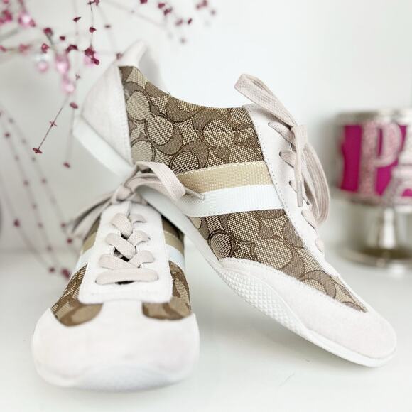Coach NWB Kelson Kelson Outline Signature Suede Sneakers Khaki Chalk Size 8 B - Picture 1 of 16